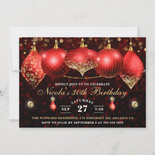 Invitación Elegantes Navidades Rojos y Oro Baubles Cumpleaños
