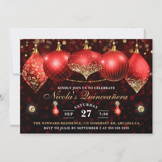 Invitación Elegantes Navidades Rojos y Oro Baubles Quinceaner (Anverso)