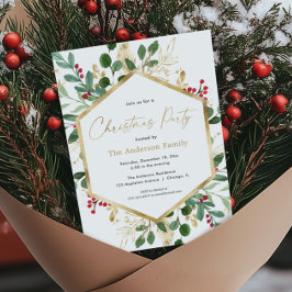 Invitación Elegantes Navidades vegetación follaje dorado rojo