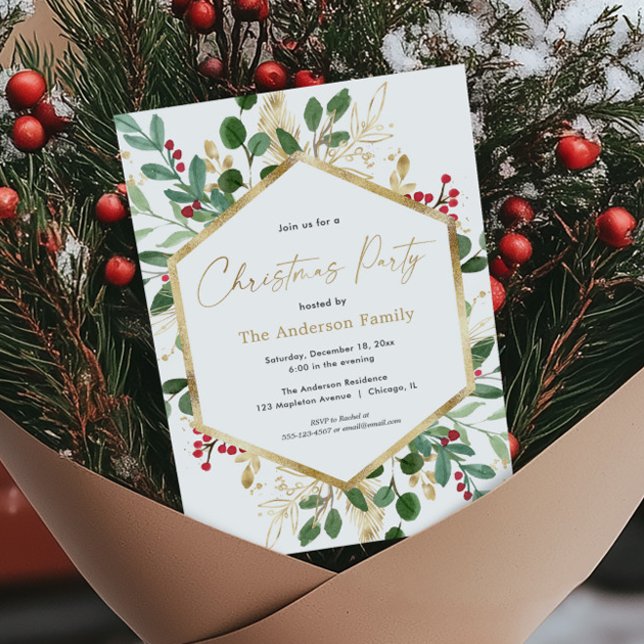 Invitación Elegantes Navidades vegetación follaje dorado rojo (Subido por el creador)