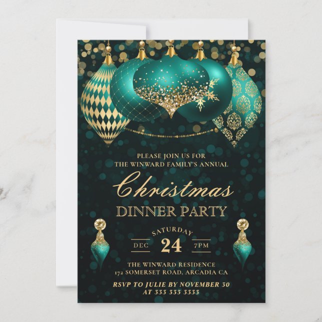 Invitación Elegantes Navidades Verde azulados y de oro Bauble (Anverso)