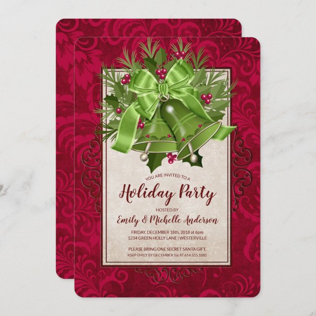 Invitación Elegantes Navidades verdes brillantes Bells fiesta (Anverso / Reverso)