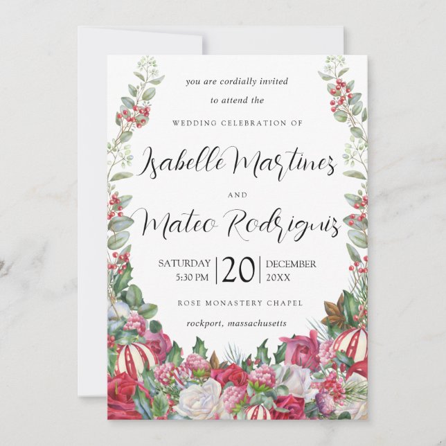 Invitación Elegantes Navidades Verdor Boda Floral Rojo (Anverso)