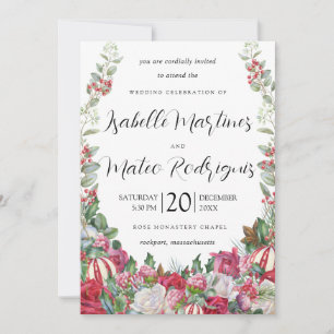 Invitación Elegantes Navidades Verdor Boda Floral Rojo