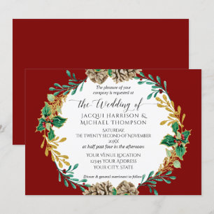 Invitación Elegantes Navidades Watercolor Gold Holly Wreath