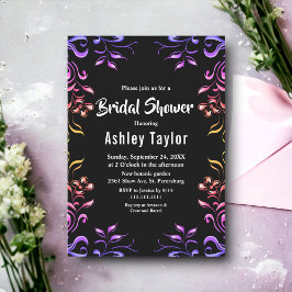 Invitación Elegantes neones Rosas Black Floral Bridal Shower