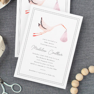 Invitación Elegantes Niñas Cigüeña Dibujadas a Mano Fiesta de