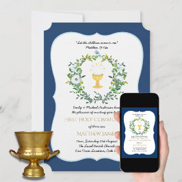 Invitación Elegantes Niños Azul Marino  Floral Primera Comuni