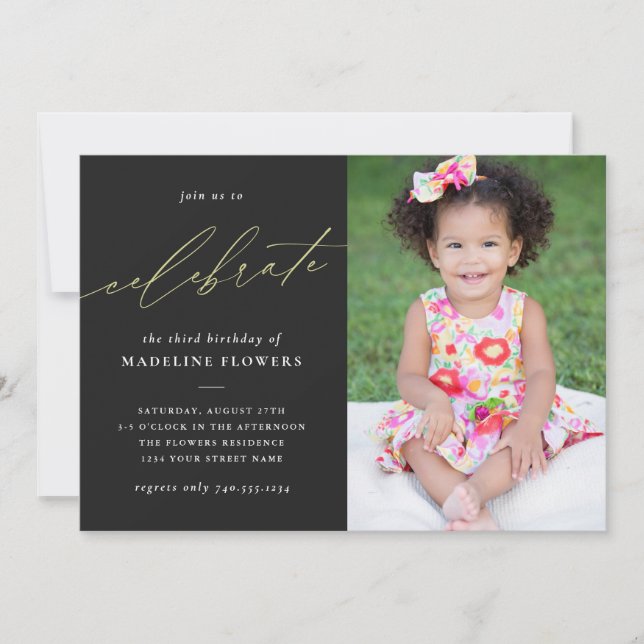 Invitación Elegantes niños cumpleaños foto en blanco y negro (Anverso)