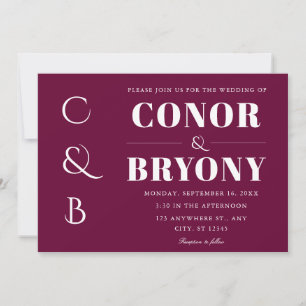 Invitación elegantes nombres en negrita monograma burgundy bo