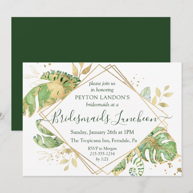 Invitación Elegantes novias Tropical Green & Gold Luncheon (Anverso / Reverso)