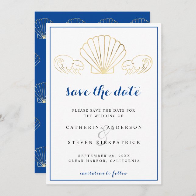 Invitación Elegantes olas de concha de oro boda guardar la fe (Anverso / Reverso)