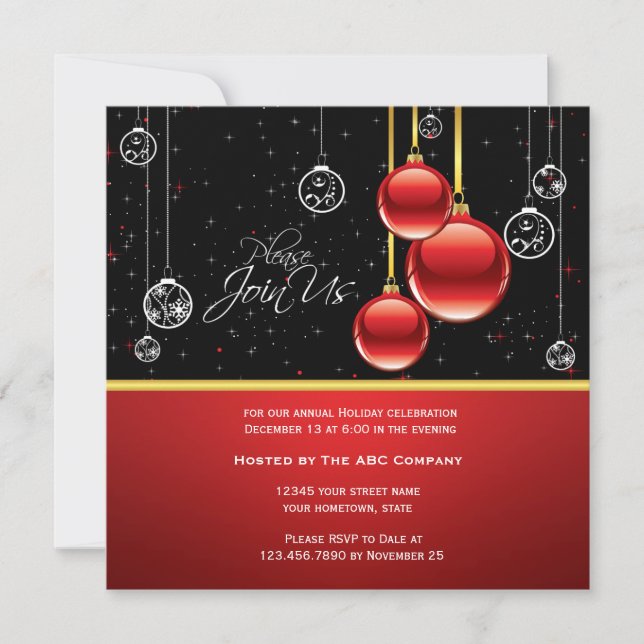 Invitación Elegantes ornamentos rojos de oro en Fiesta negro  (Anverso)
