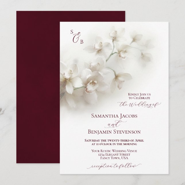 Invitación Elegantes orquídeas blancas Boda de escritura de B (Anverso / Reverso)