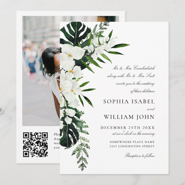 Invitación Elegantes orquídeas blancas Boda de la vegetación  (Anverso / Reverso)