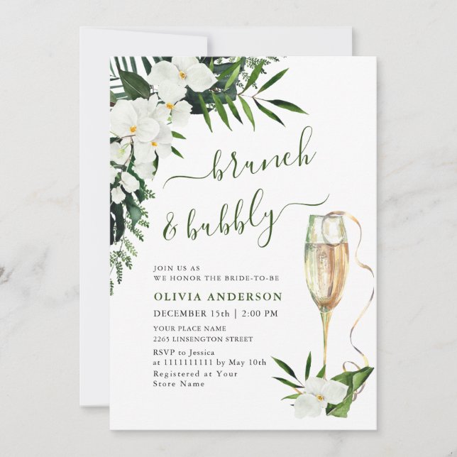 Invitación Elegantes orquídeas blancas BRUNCH y BURBUJA bohem (Anverso)