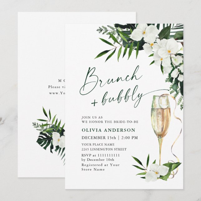 Invitación Elegantes orquídeas blancas BRUNCH y BURBUJA bohem (Anverso / Reverso)