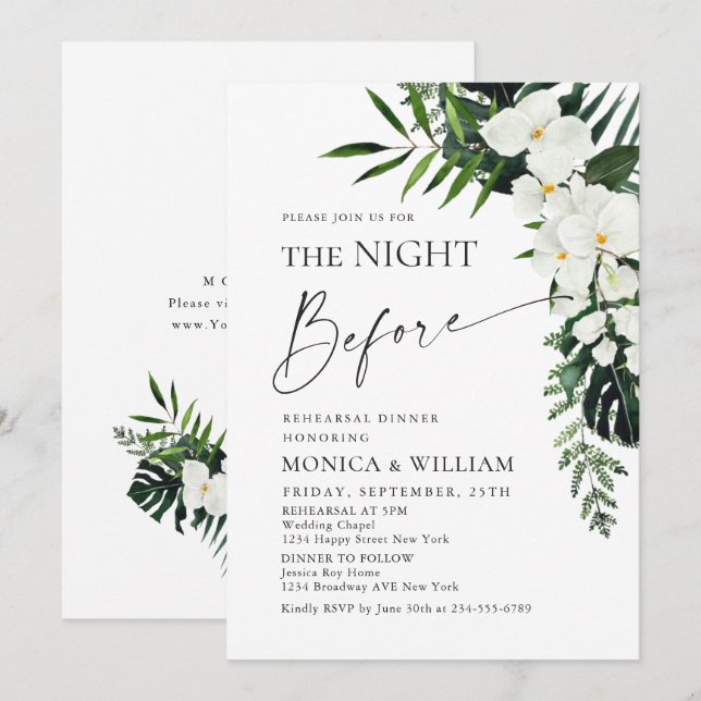 Invitación Elegantes orquídeas blancas cena de ensayo bohemio (Anverso / Reverso)