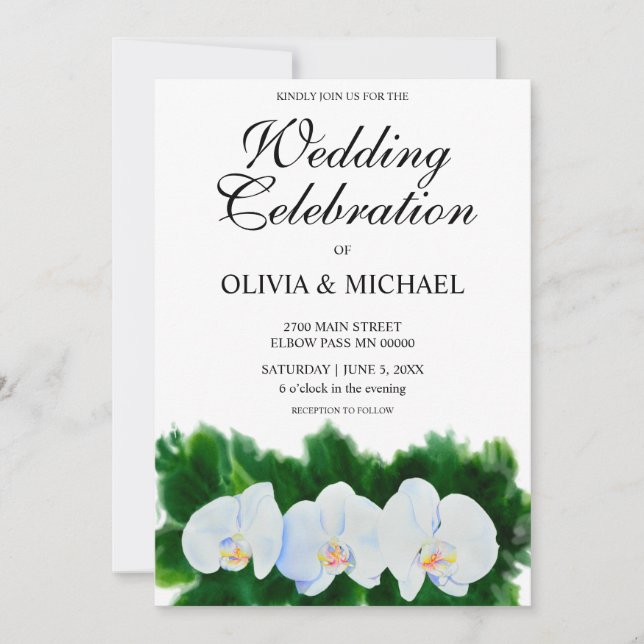 Invitación Elegantes orquídeas blancas de acuarela (Anverso)