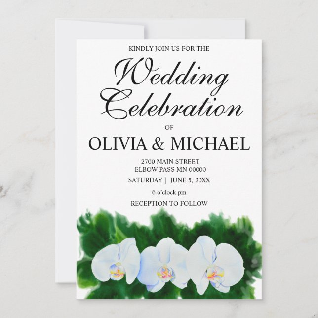 Invitación Elegantes orquídeas blancas de acuarela (Anverso)