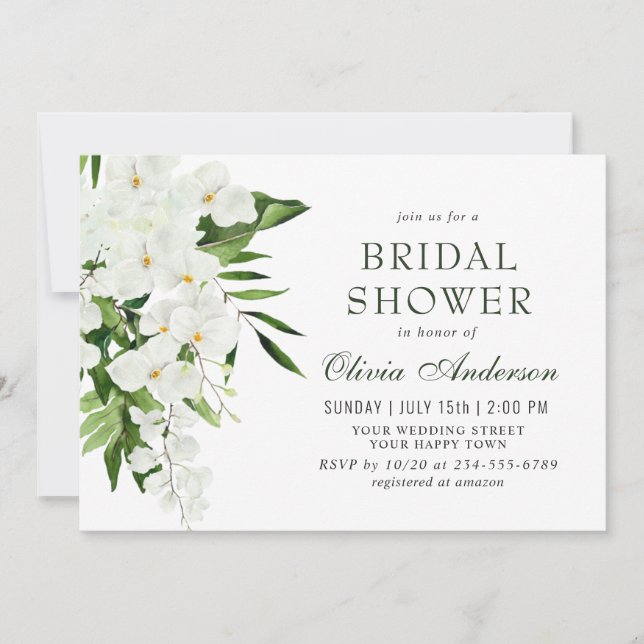 Invitación Elegantes orquídeas blancas DUCHA BRIDAL bohemia (Anverso)