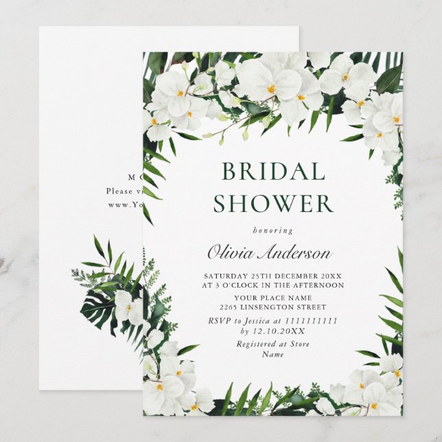 Invitación Elegantes orquídeas blancas DUCHA BRIDAL bohemia (Anverso / Reverso)