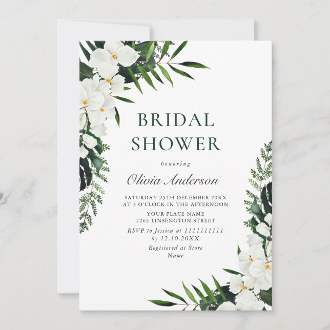 Invitación Elegantes orquídeas blancas DUCHA BRIDAL bohemia  (Anverso)