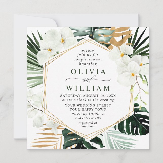 Invitación Elegantes orquídeas blancas DUCHA DE PAREJAS bohem (Anverso)