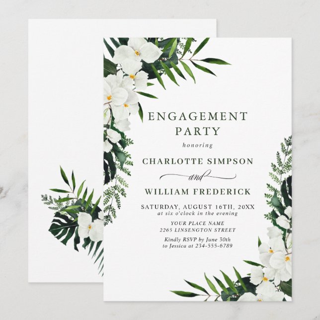 Invitación Elegantes Orquídeas Blancas FIESTA DE COMPROMISO B (Anverso / Reverso)