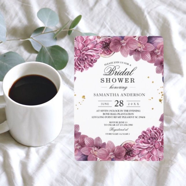 Invitación Elegantes orquídeas y higos en acuarela rosa y púr (Subido por el creador)