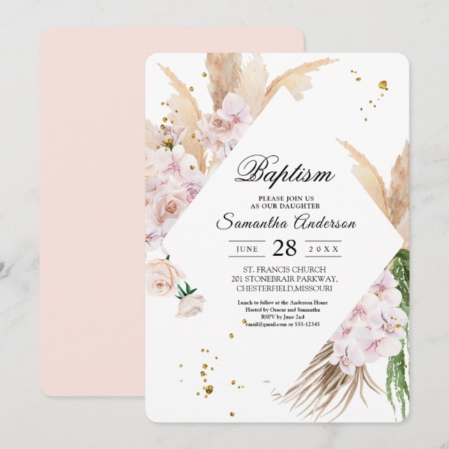 Invitación Elegantes orquídeas y marcos de belleza de pampas (Anverso / Reverso)