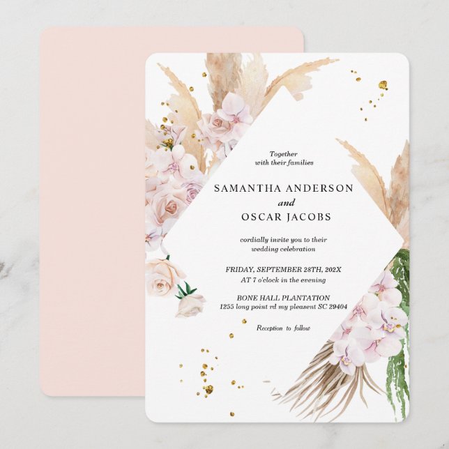 Invitación Elegantes orquídeas y marcos de belleza de pampas (Anverso / Reverso)