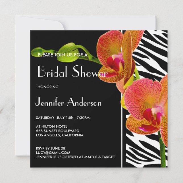 Invitación Elegantes orquídeas Zebra Imprimir ducha de novia  (Anverso)