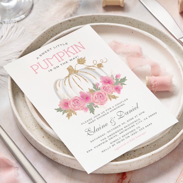 Invitación Elegantes Parejas Rosa y Oro Calabaza Baby Shower (Subido por el creador)