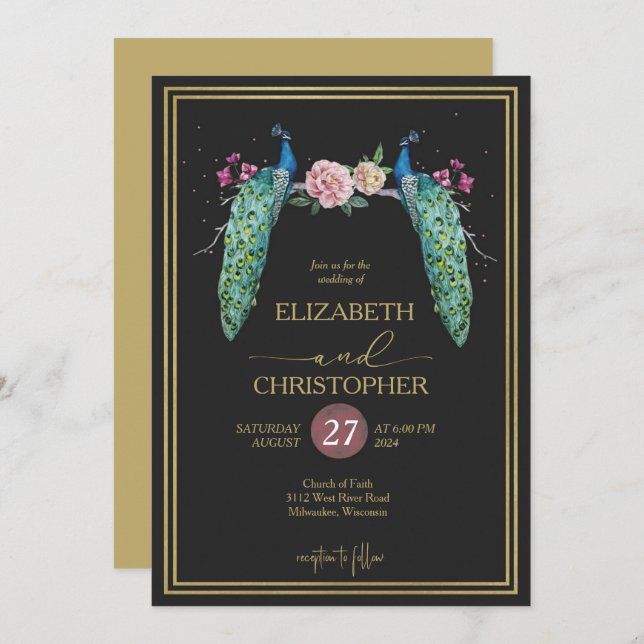 Invitación Elegantes pavos reales románticos en Boda de amor (Anverso / Reverso)