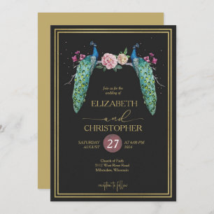 Invitación Elegantes pavos reales románticos en Boda de amor