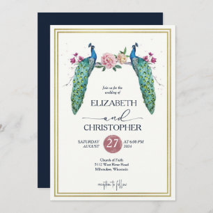 Invitación Elegantes pavos reales románticos en Boda de amor