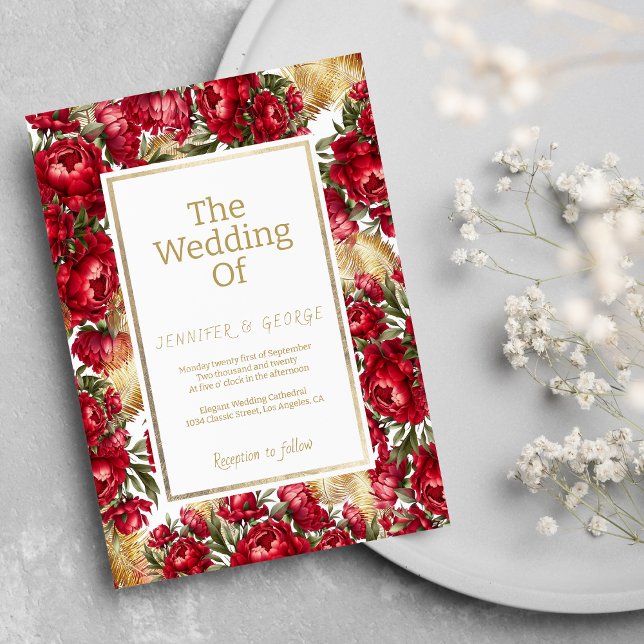 Invitación Elegantes peonías florales de boda en rojo dorado  (Elegant red gold green peonies floral wedding)