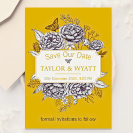 Invitación Elegantes Peonías Florales Doradas Save The Date