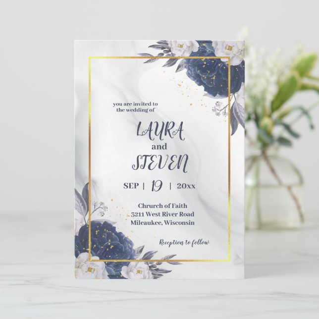 Invitación Elegantes Peonías Grises Azules Todo En Un Boda (Anverso de pie)
