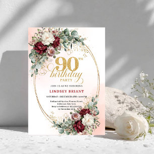 Invitación Elegantes peonías Marsala eucalipto Cumpleaños 90 