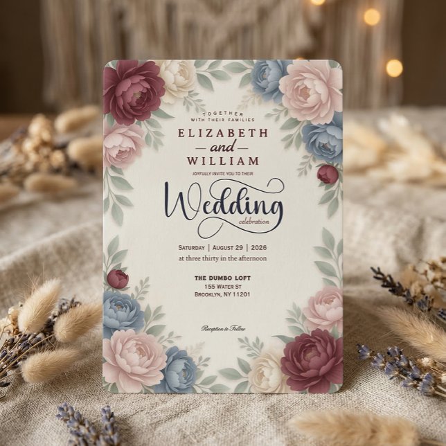 Invitación Elegantes Peonías Rosas Borgoña Código QR Boda (Subido por el creador)