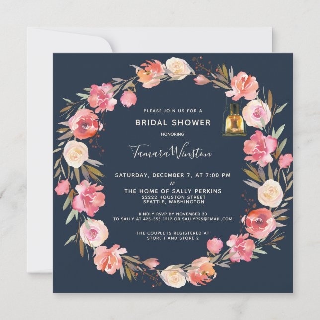 Invitación Elegantes Peonies Floral Lanterns Marina Ducha Nup (Anverso)