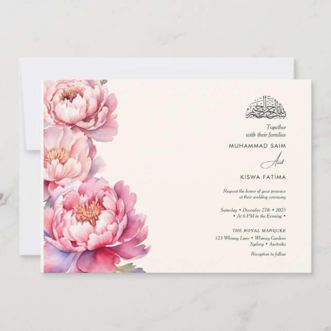 Invitación Elegantes Peonies floridos Islam Nikah (Anverso)