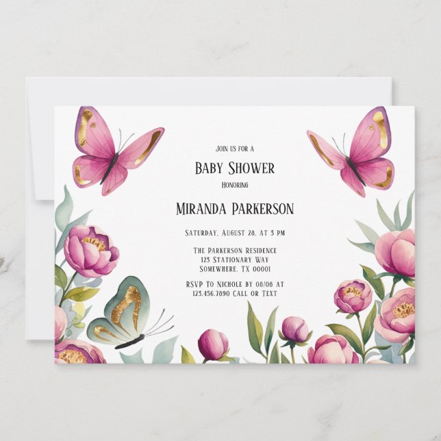 Invitación Elegantes Peonies Rosados y Chica de mariposas Bab (Anverso)