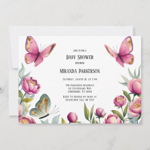Invitación Elegantes Peonies Rosados y Chica de mariposas Bab