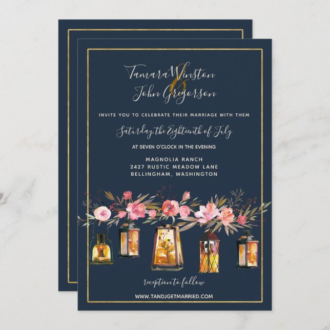 Invitación Elegantes Peonies Rústicos Farolitos Boda de Coral (Anverso / Reverso)