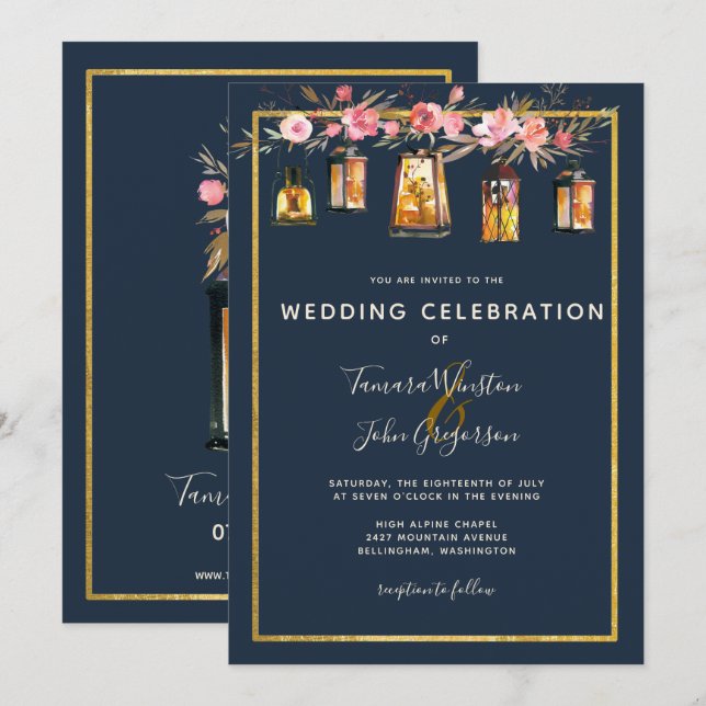 Invitación Elegantes Peonies Rústicos Farolitos Boda de Coral (Anverso / Reverso)