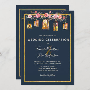 Invitación Elegantes Peonies Rústicos Farolitos Boda de Coral