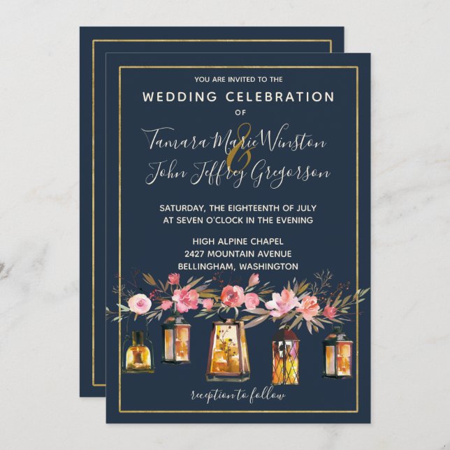 Invitación Elegantes Peonies Rústicos Linternas Naval Coral F (Anverso / Reverso)